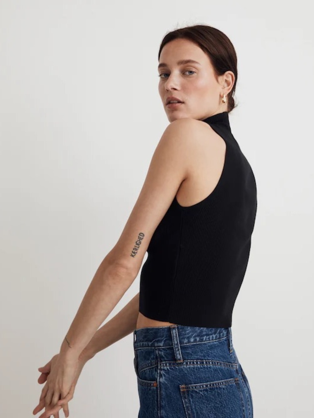 Madewell Black Ribbed Mock Neck Sleeveless Crop Tank
